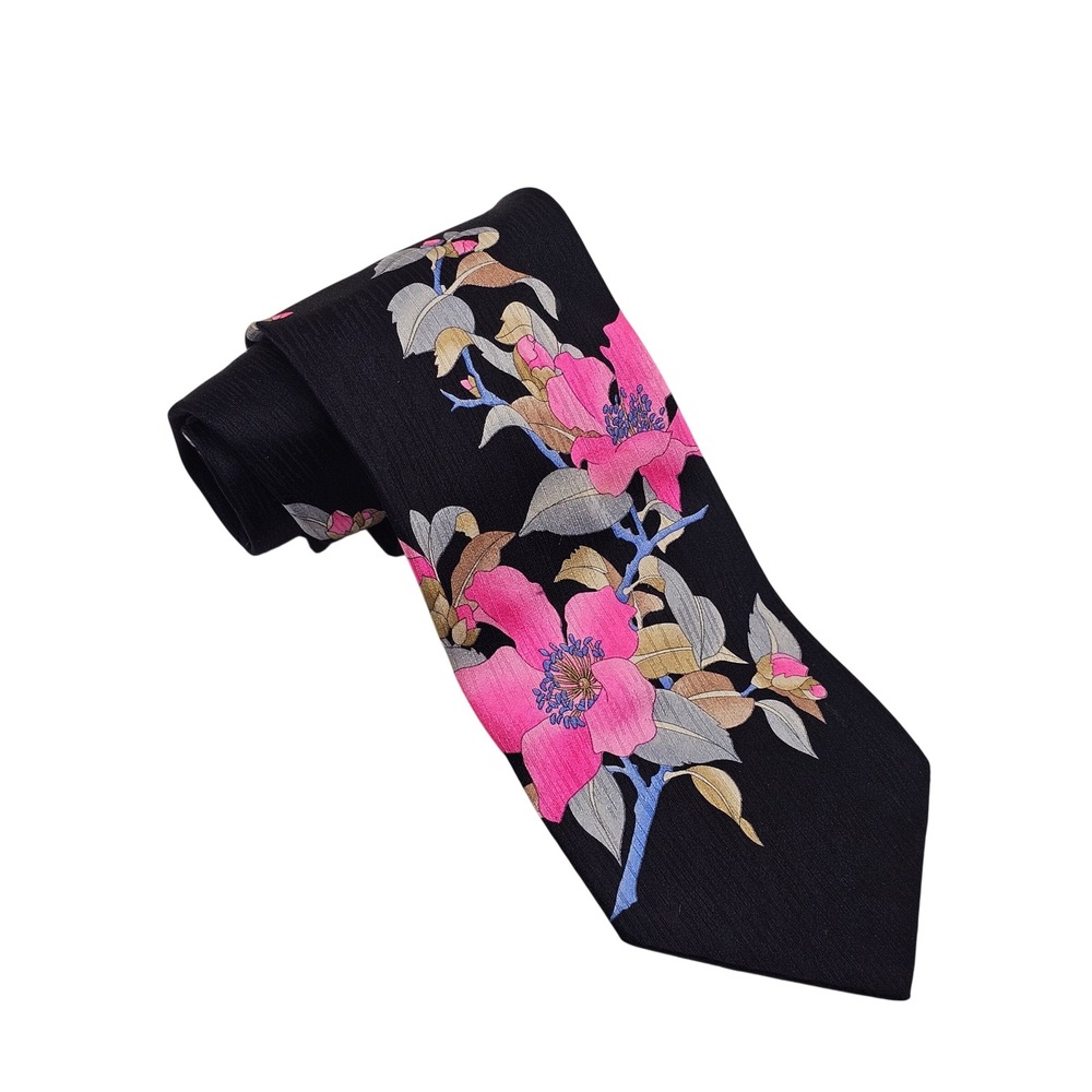 Vintage Leonard Paris Silk Tie Deep Navy Bold Floral Italy Luxury Designer